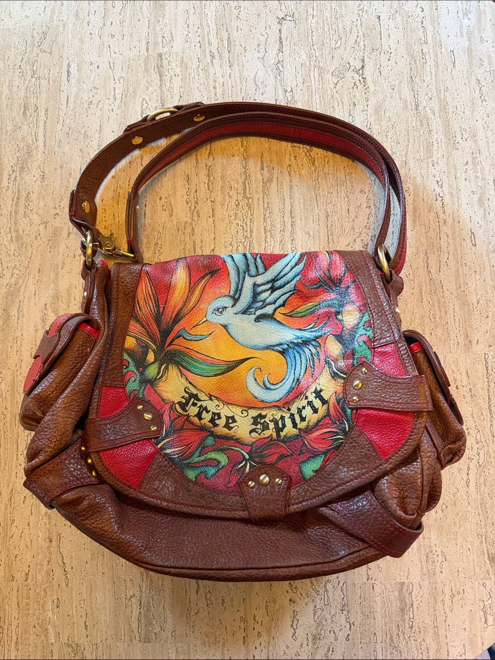 Isabella Flore Free Spirit Brown Leather Shoulder Bag with Colorful Dove Artwork